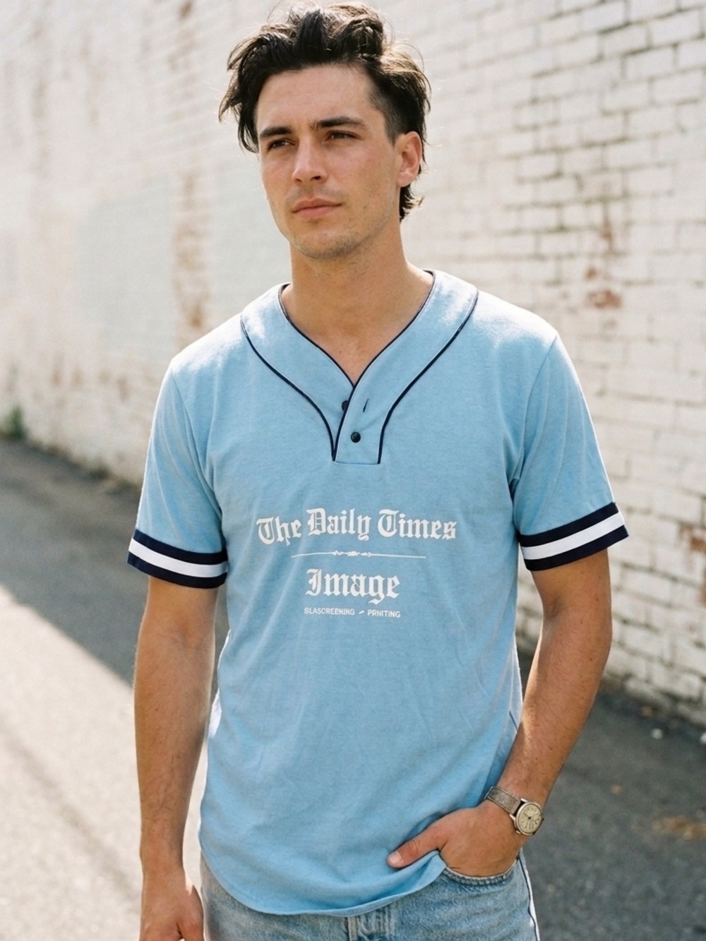 Vintage 80s Swingster Baseball Jersey Shirt Sz M Blue 2 Button Henley Made USA